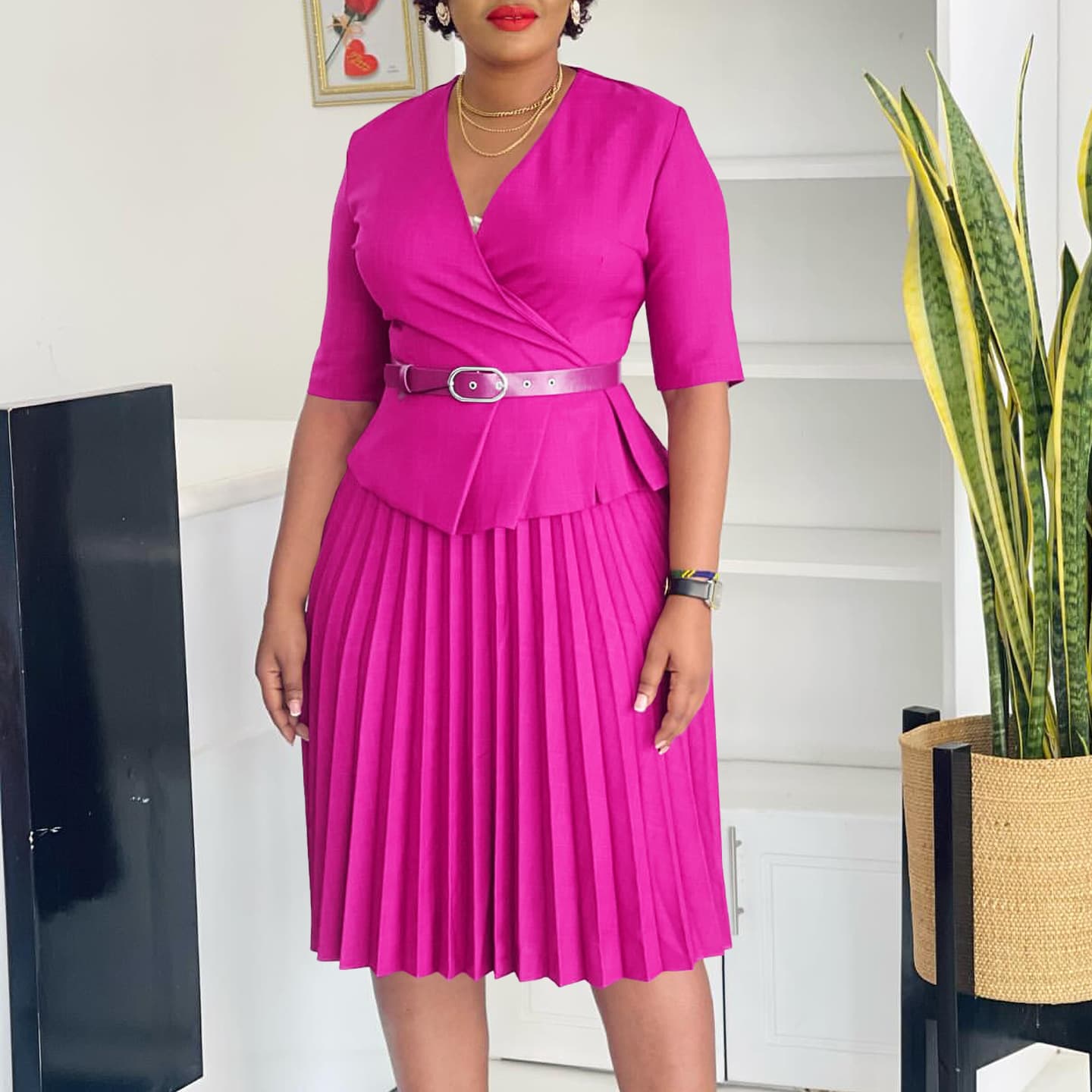 Women's Clothing new fashion large size temperament Tongle V neck pleated dress