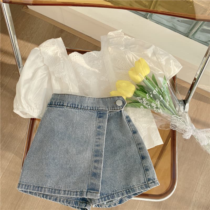 Mother & Kids Summer New Girls Korean Style Fashion Two Piece Lace Top Plus Jeans Suit