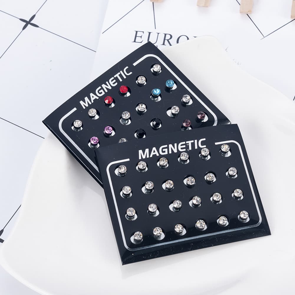 Yamaler 12Pairs/Set Unisex Rhinestone Inlaid Magnetic Stud Earrings Non Piercing Jewelry