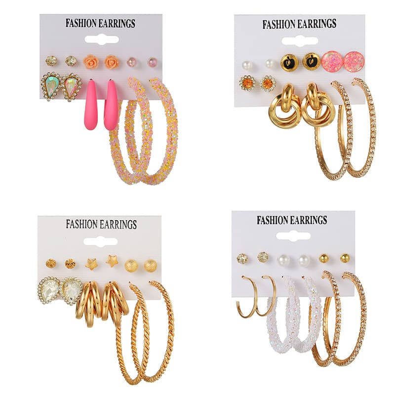 hot selling Korean fashion butterfly Pearl 6 pairs of earrings set simple metal geometric earrings