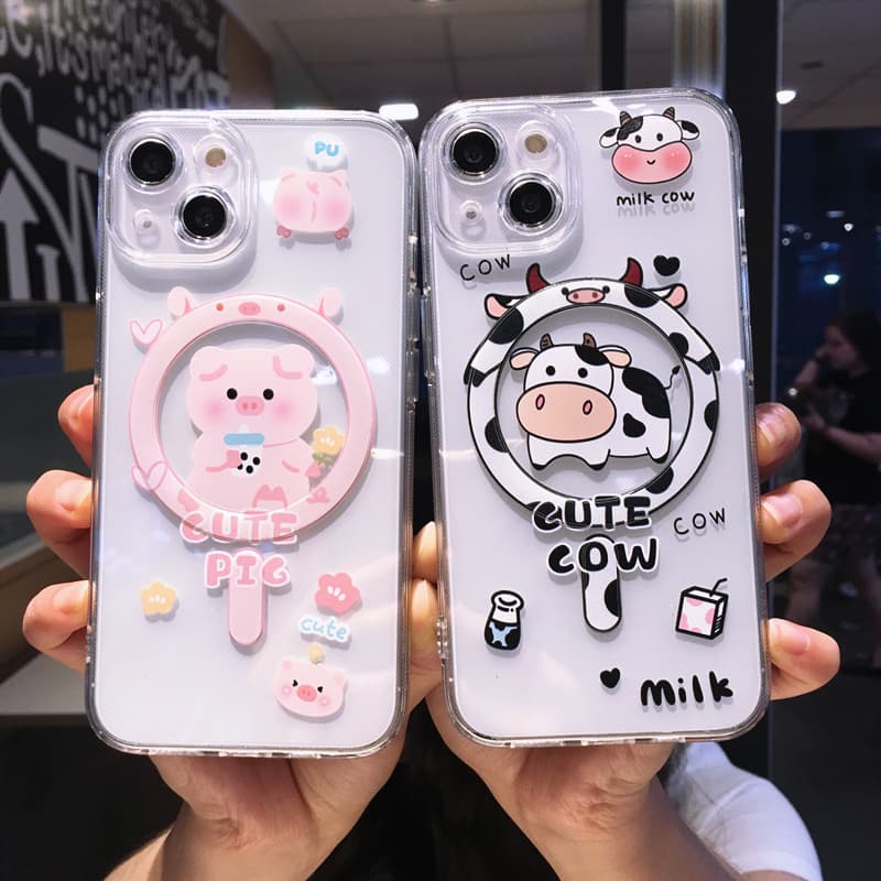 Cute Cartoon Animal Pig Cow Clear Phone Case For IPhone 11 12 13 14 15 16 Pro Max Plus Magnetic Wireless Charging Cover