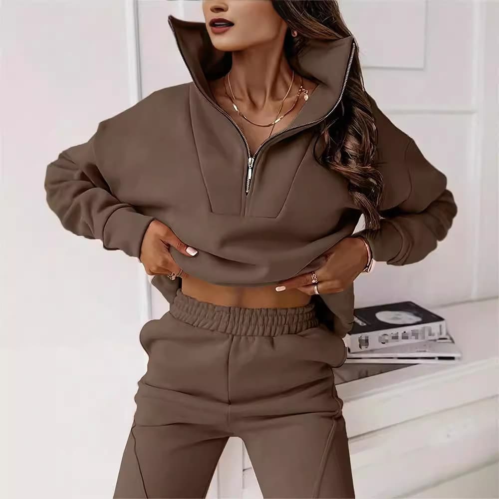 Women's Clothing Fashion Solid Color Commuter Casual Stand Collar Sweater Trousers Set Two piece Set