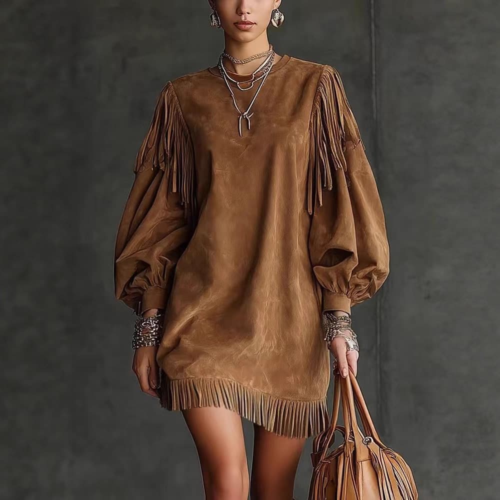 Bohemian Fringe Bell Sleeve Tunic Dress - Flowy Batwing Casual Boho Chic Top With High Waist & Asymmetrical Hem