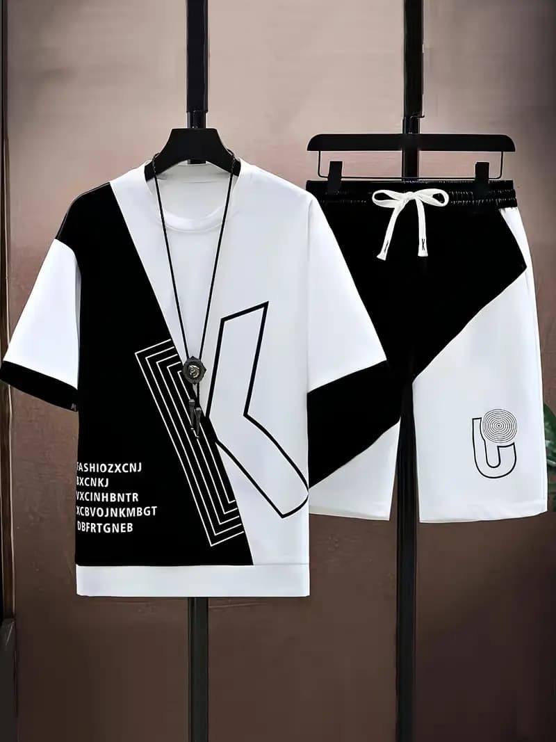 Men's Summer Two Piece Set Loose Fitting Short Sleeved Shirt & Long Shorts Casual Basic Polyester Clothing In Black Blue Gray