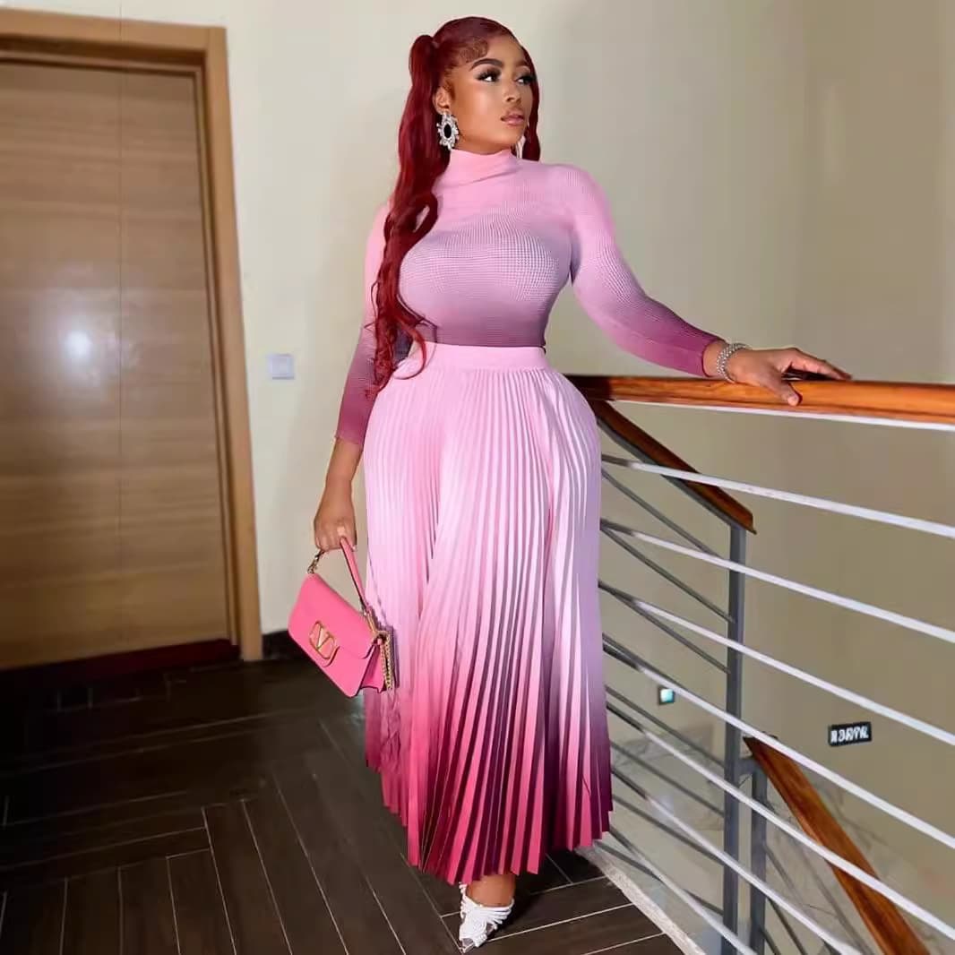 Women's Clothing Pleated Gradient Large Size Two Piece Suit Casual Round Neck Long Sleeved Top + Elegant Gradient Long Skirt