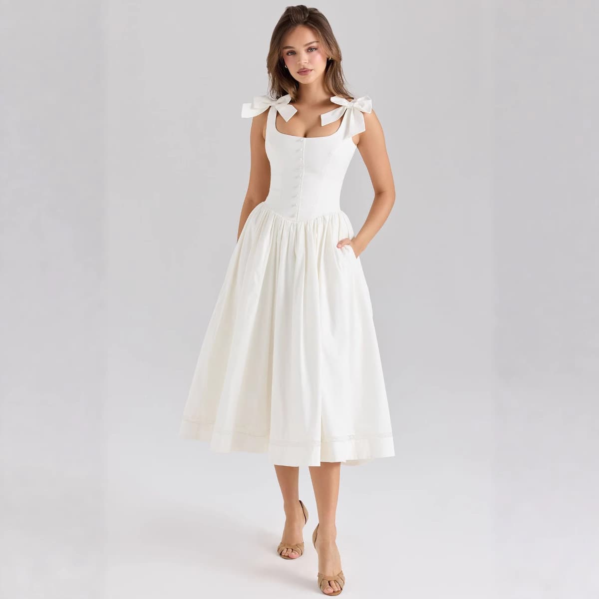 2026 Early Spring French-style Seaside Vacation Lace Waist-cinching Elegant Long With Bow Ladylike Suspender Dress