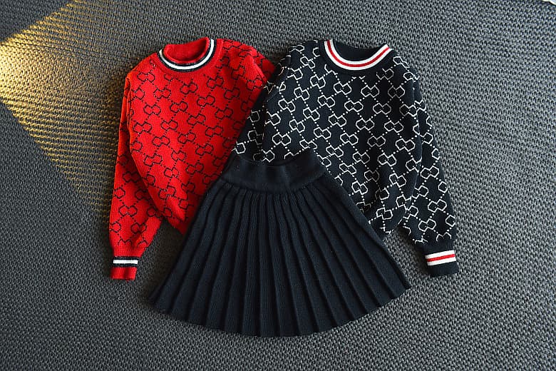 Children's Clothing Children's Clothing Autumn Girls' Trendy Knitted Sweater + Wrinkled Skirt Two-piece Set Children's Suit