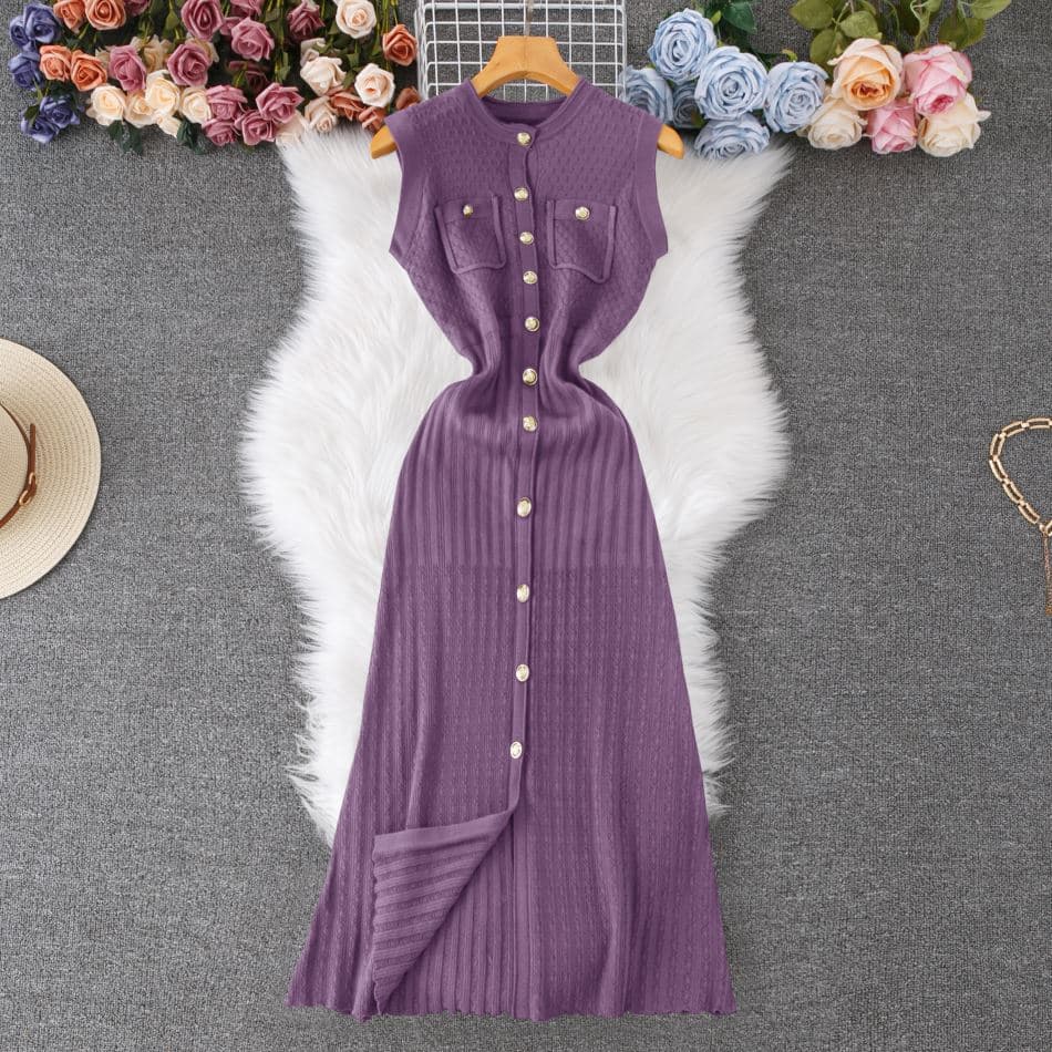 Women's Clothing Waist Dress Round Neck Hook Flower Single Breasted Hollow Swing Sleeveless