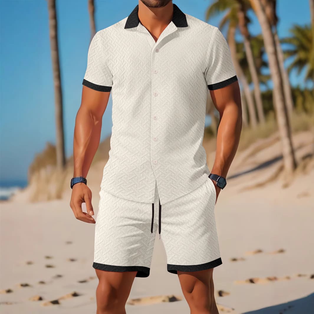 Men's Clothing New Fashion Men's Jacquard Color Matching Casual Short Sleeved Suit