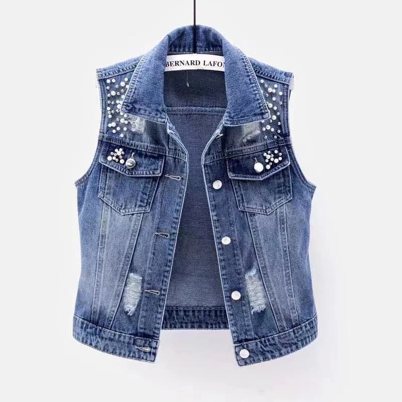 Women's Sleeveless Denim Vest Short Washed Hole Beaded Slim Fit Jacket Trendy Versatile Top For Spring/Autumn