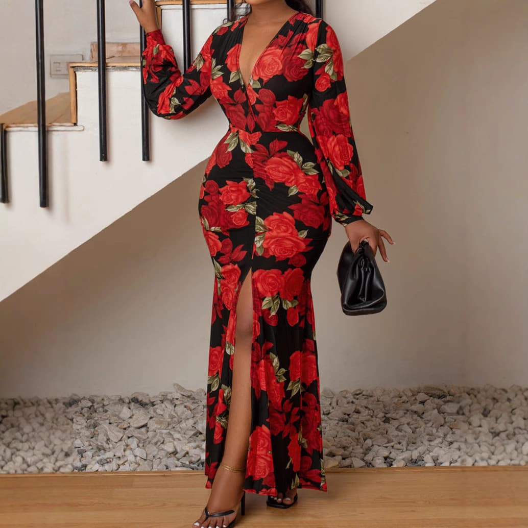 Women's Clothing Spring Large Size Printed Collar Slit Waist Dress