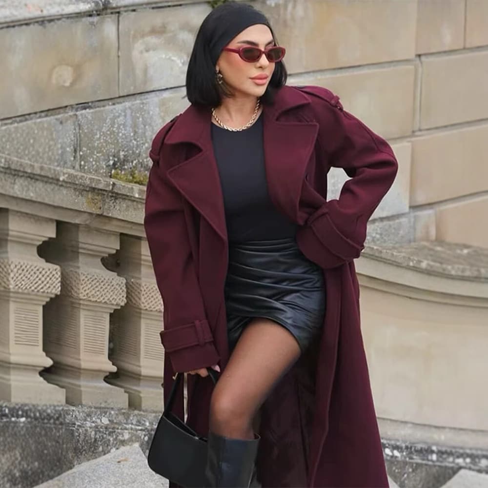 Double-Breasted Wool-Blend Trench Coat – Timeless Belted Long Coat For Women (Burgundy)​