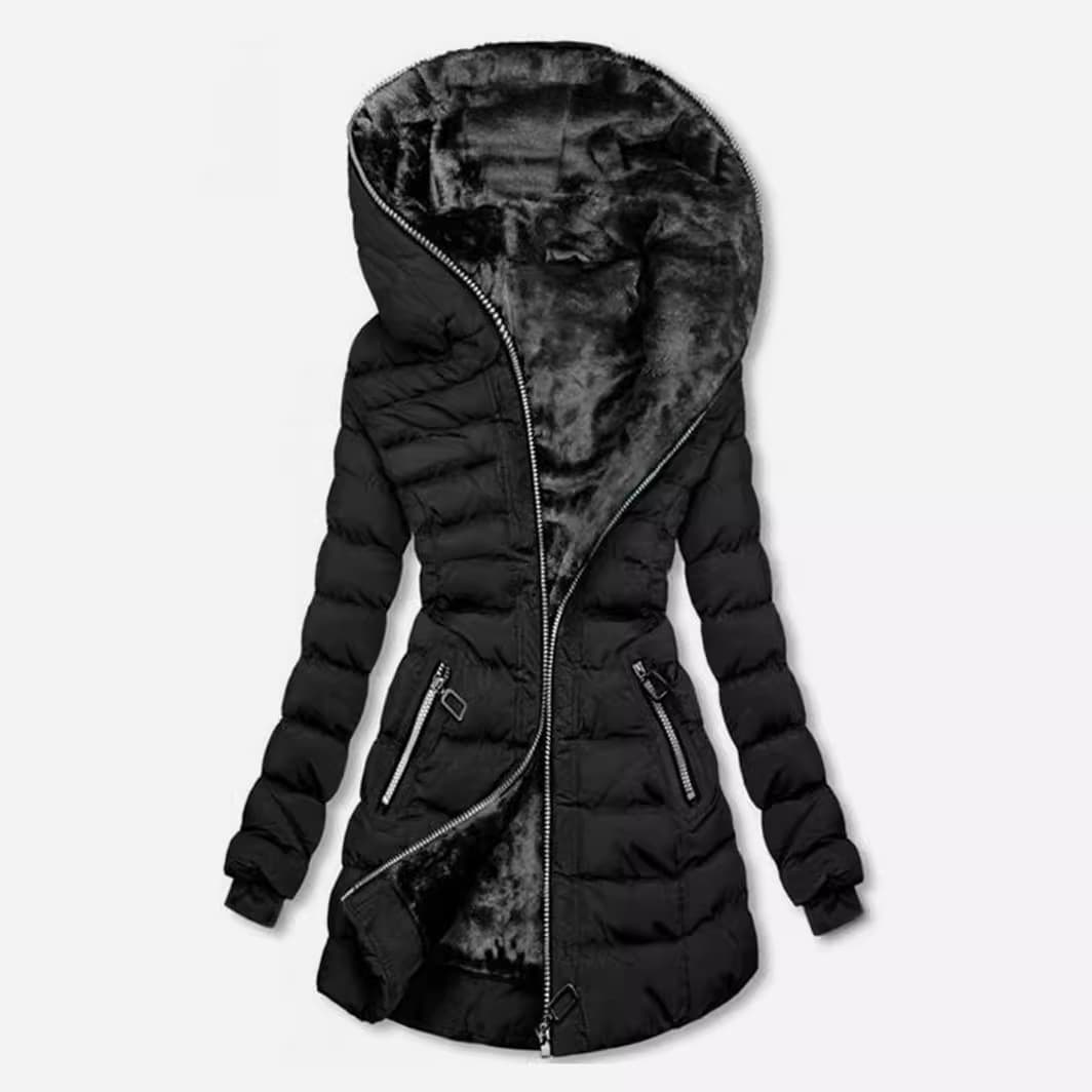 Women's Long Hooded Fleece-Lined Winter Coat - Slim Fit Mid-Length Jacket With Zip Closure, Warm & Stylish (Yellow/Red/Gray/Black)