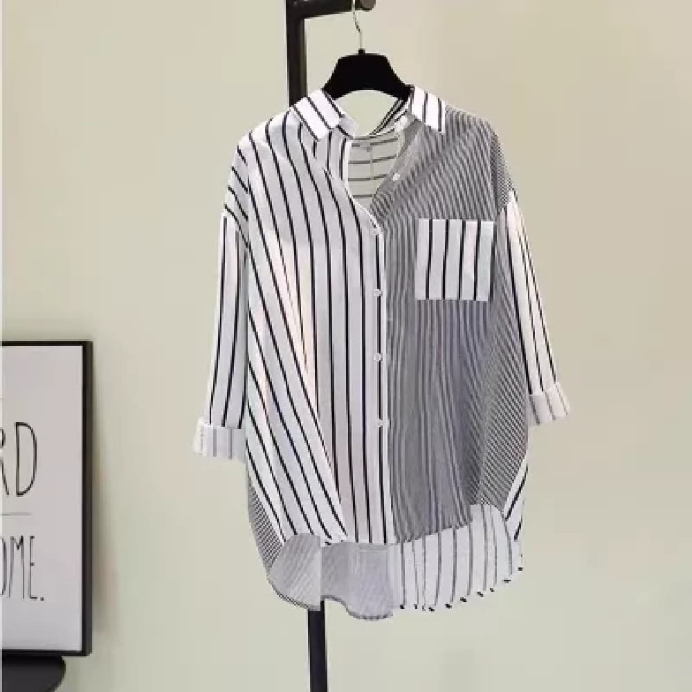 Women's Clothing Single Pocket Color Matching Vertical Striped Shirt Women Literary Loose Casual Shirt