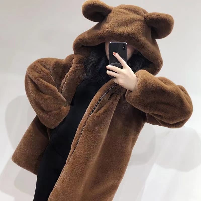 Women's Clothing hooded loose cute bear ears thick fur plush mid length coat