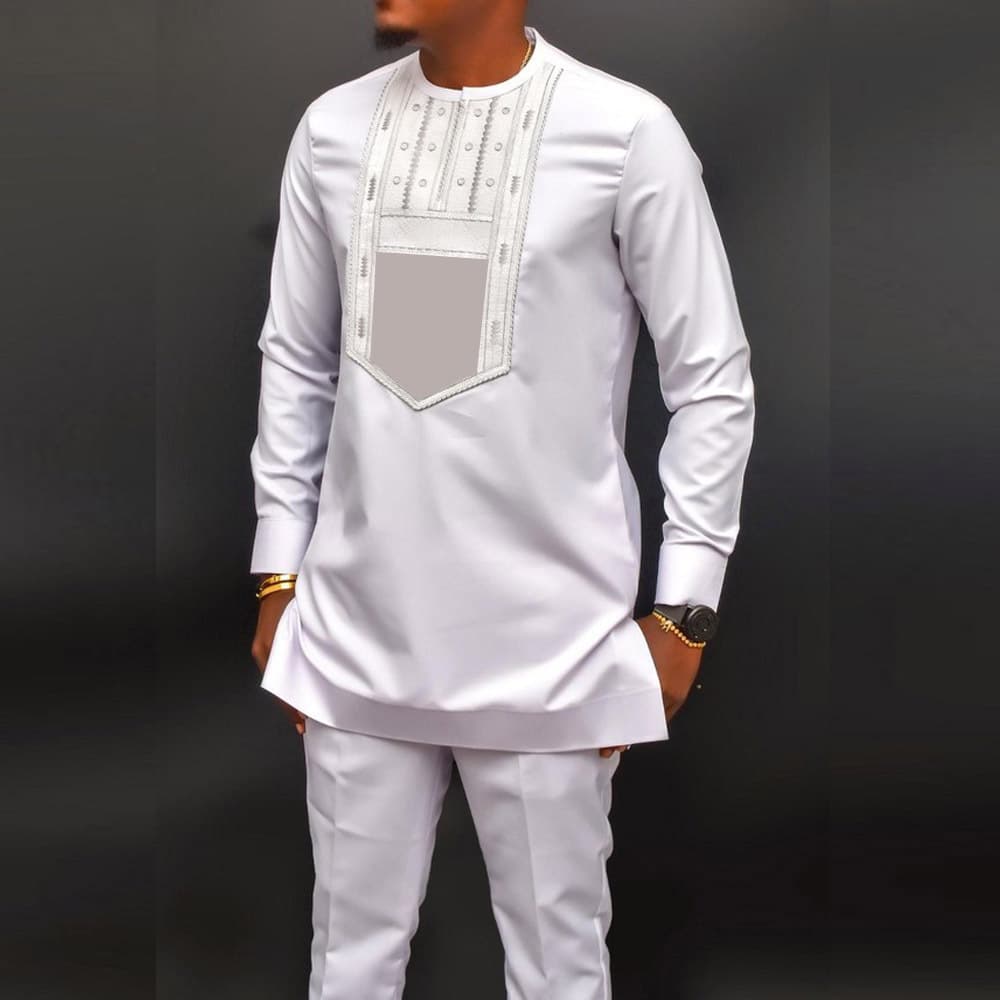 Men's Clothing Elegant Suit Pants Set Embroidery Round Neck Long Sleeve Solid Color Two Piece Social Ethnic Men's Wear Style