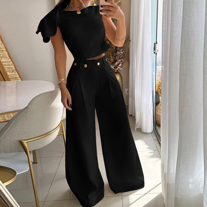 Women's Fashion Solid Color Single Room Petal Sleeve High Waist Temperament Pants Suit for Women