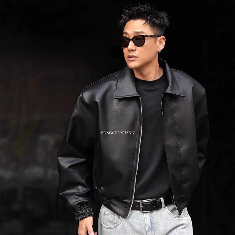 American Style Cleanfit Trendy Short Padded Shoulder Jacket Men, New Loose Retro Leather Coat For Autumn And Winter