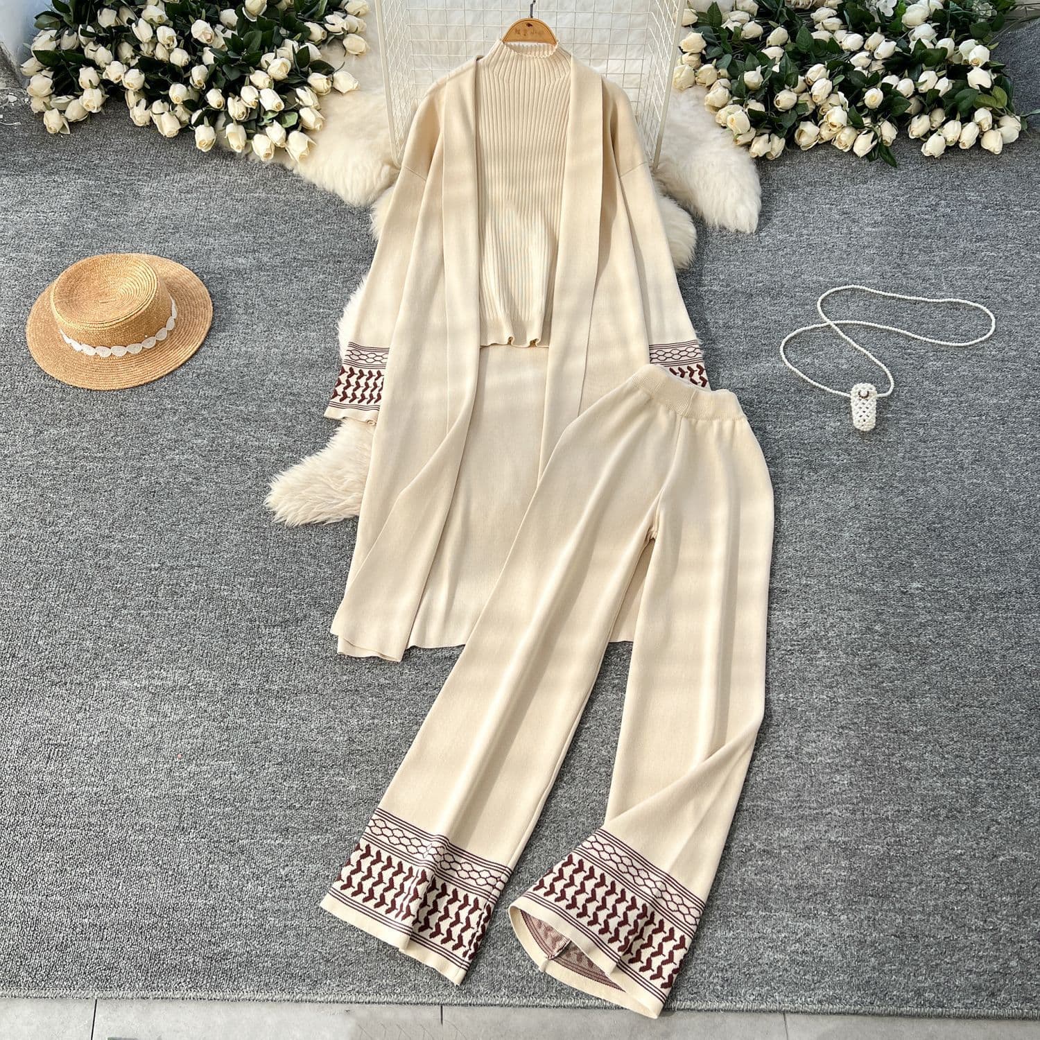Women's Clothing Jacquard Lounge Set – Oversized Draped Cardigan + Round Neck Knit Top + Flowy Wide-Leg Pants (3-Piece Coordinated Outfit)