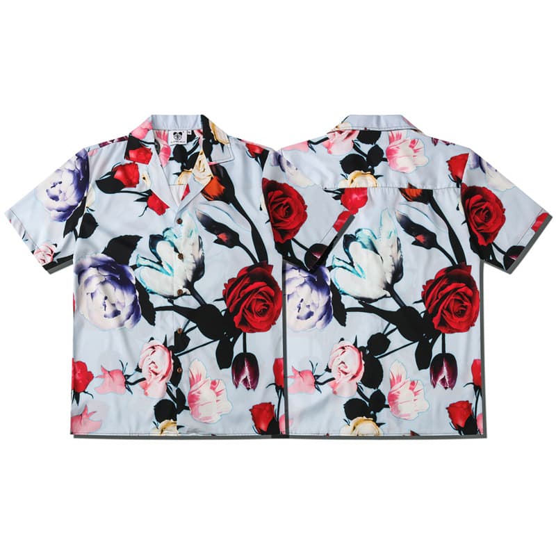 Men's Clothing Yibo same style creative retro abstract print rose casual loose short-sleeved shirt beach cardigan men and women