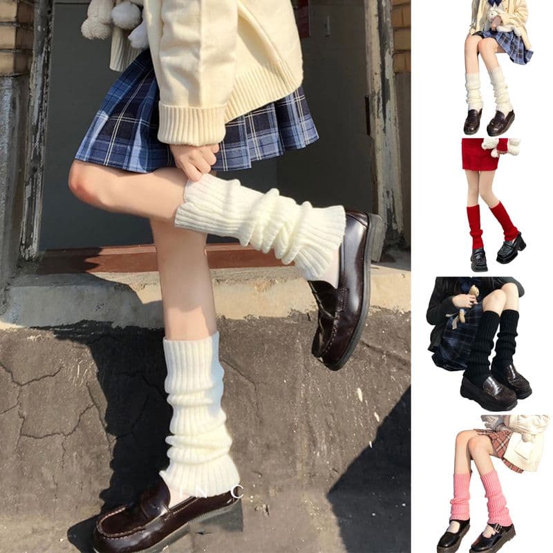 Zhuoxinder 1 Pair Leg Warmers Mid Calf Thickened Knitted Lolita Ribbed Keep Warm Solid Color Autumn Winter Women Boot