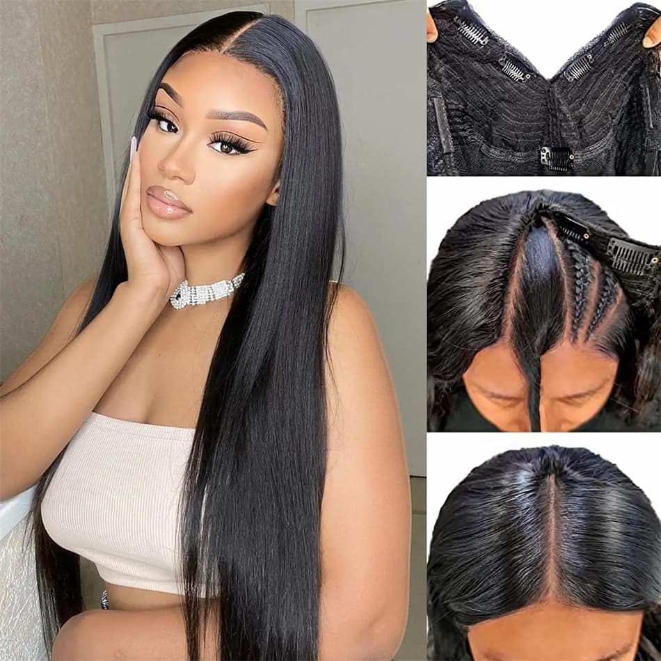 30 32 Inch Bone Straight Glueless Wear and Go Wig 180% Cheap V Part 100% Human Hair Wigs for Women On Sale