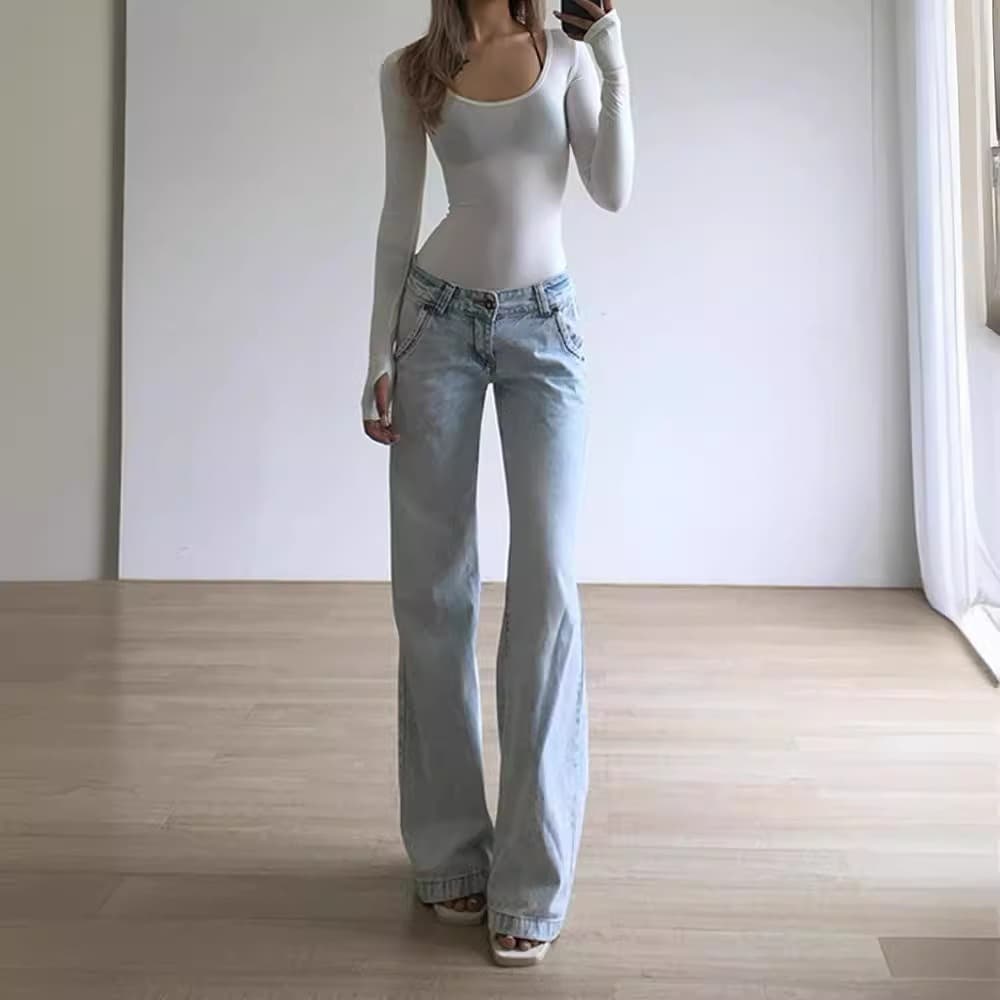 Women's Clothing Retro Light Blue Low Waist Jeans For Women Straight Hot Girl Loose Mopping Trousers