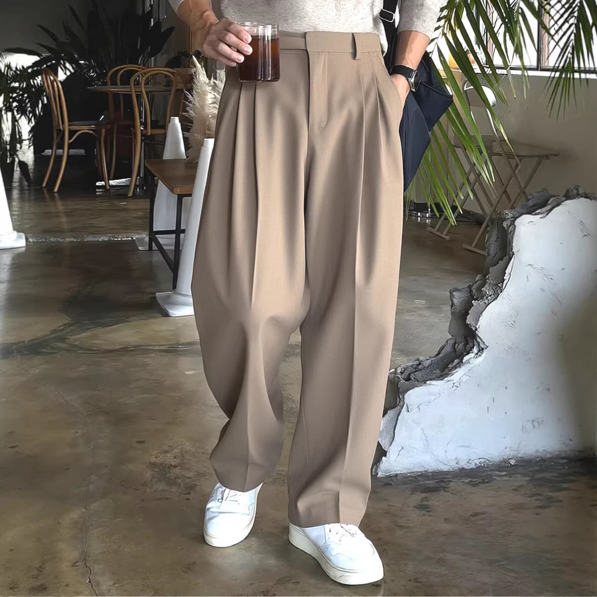 Men's Clothing French Paris Style Workwear Trousers High Waist Loose Fit Straight Leg Vintage Casual Suit Pants