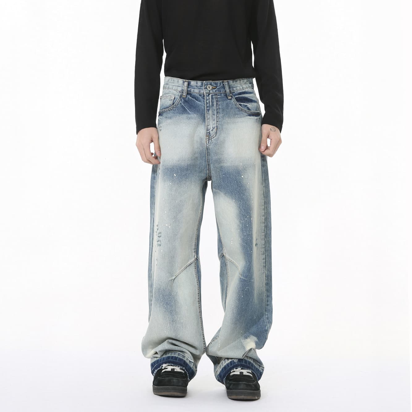 Men's Clothing Niche High Street Vibe Heavy Ink Splashing White Personality Raw Edge Distressed Jeans
