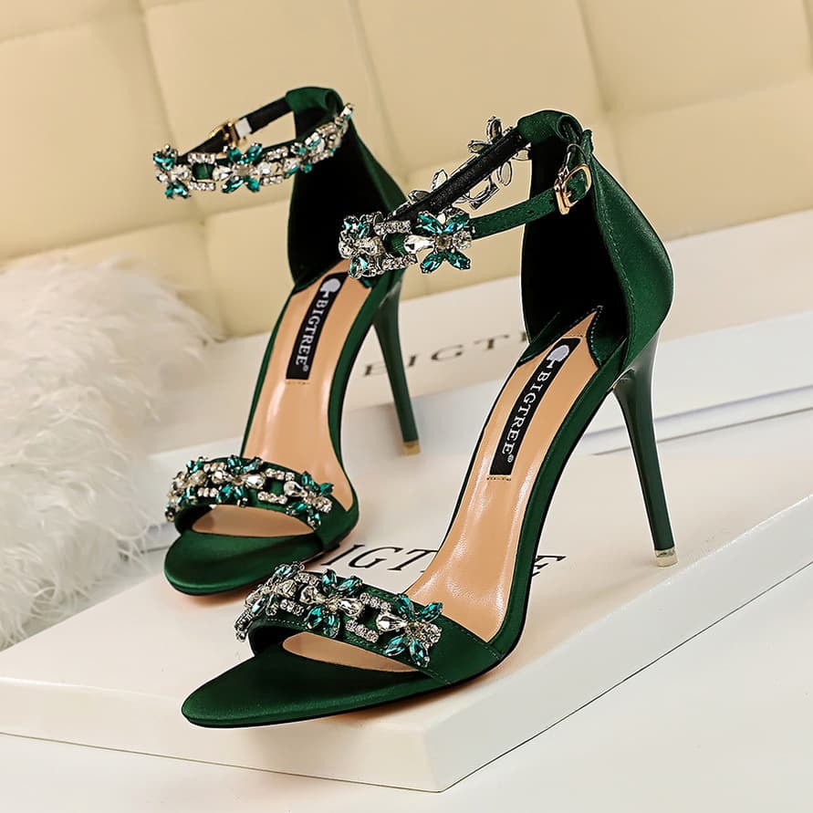 Style Xexy Banquet High-heeled Shoes Women's Shoes Stiletto High-heeled Satin Open-toed Rhinestone Strap Sandals