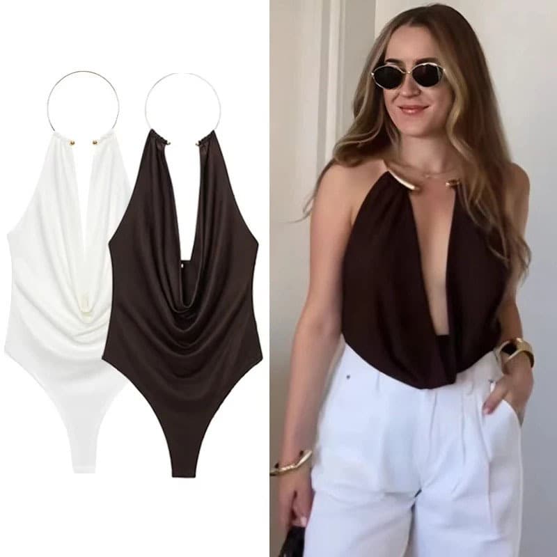 American Style Summer Bodysuit Women's Sexy Backless Halter Neck Sleeveless Romper With Metal Decoration White Brown