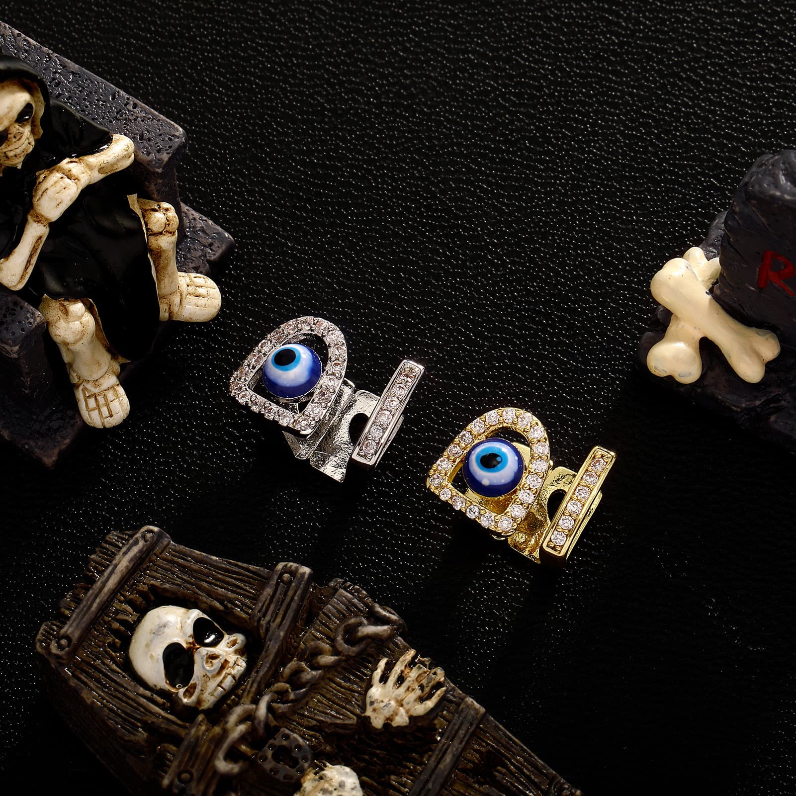 Halloween Men And Women's Fashion Personality Gold Teeth Devil Eyes Inlaid Zircon Braces Cosplay Accessories