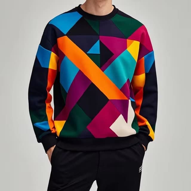 Creative Irregular Square Colorful 3D Digital Print Men's Spring And Autumn Versatile Long Sleeve Loose Crew Neck