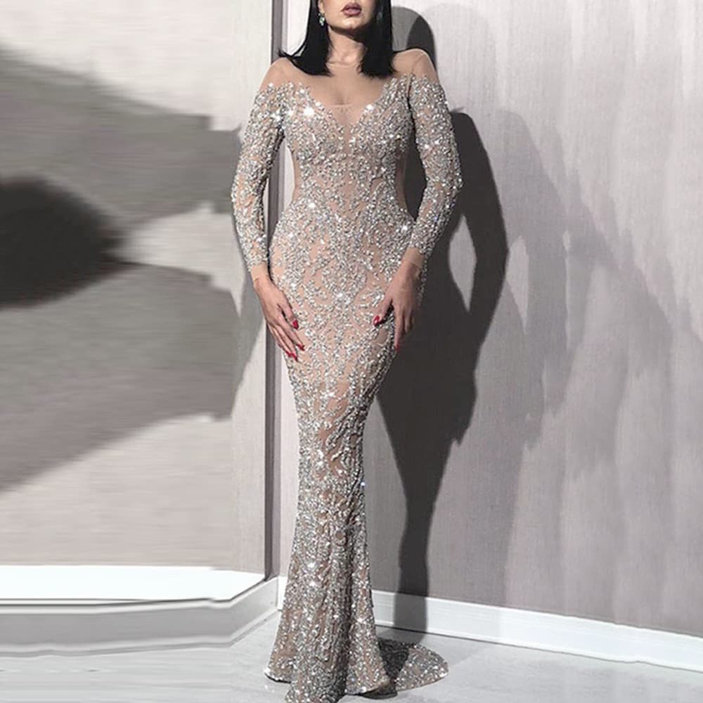 2025 Spring New Women's Gold Foil Sleeve Slim Sexy Long Dress Party Evening Gown