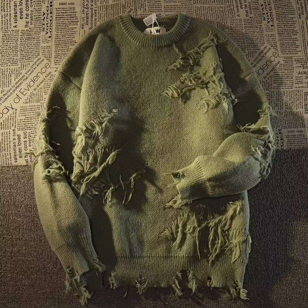 ​​Vintage Distressed Knit Sweater – Oversized Unisex Pullover With Raw Edge & Retro Fringe (Black/Green, 90s Grunge Revival Streetwear)​​