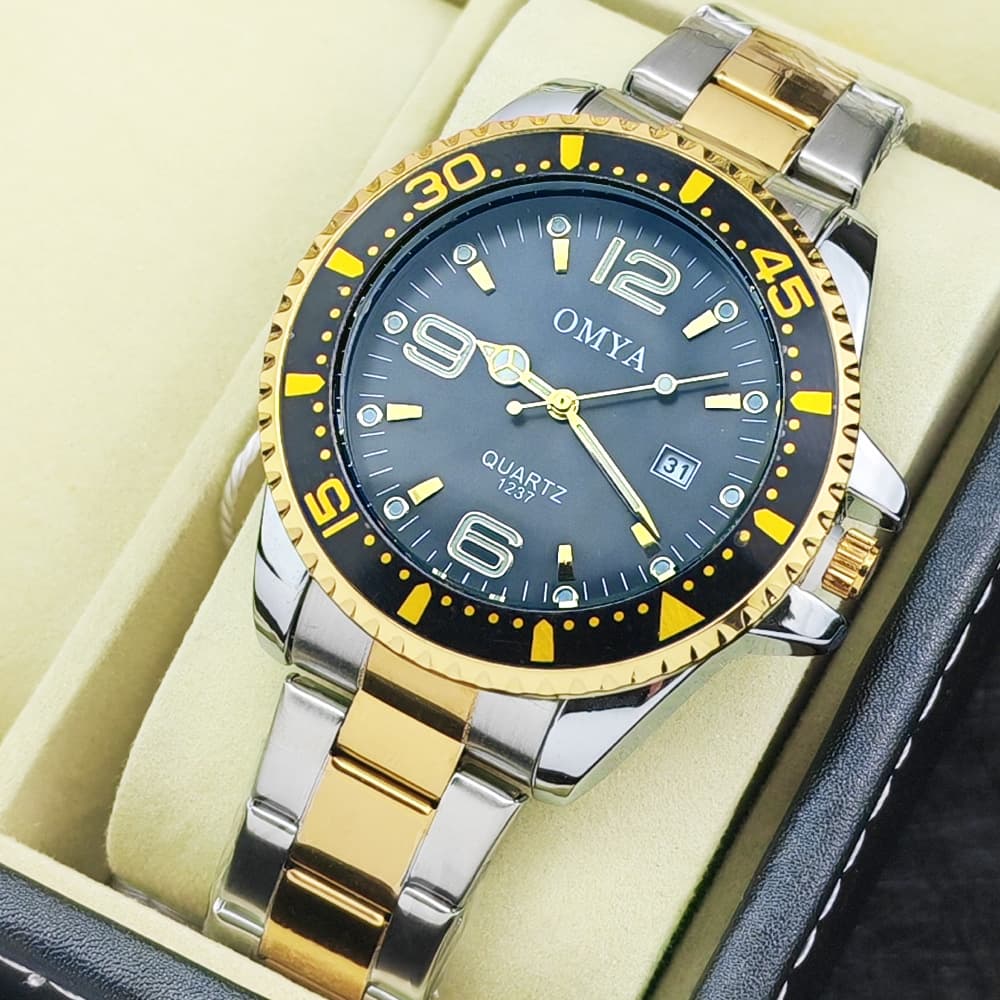 OMYA Men's Diver Style Watch Rotating Bezel 3ATM Waterproof Quartz Watch With Exhibition Caseback