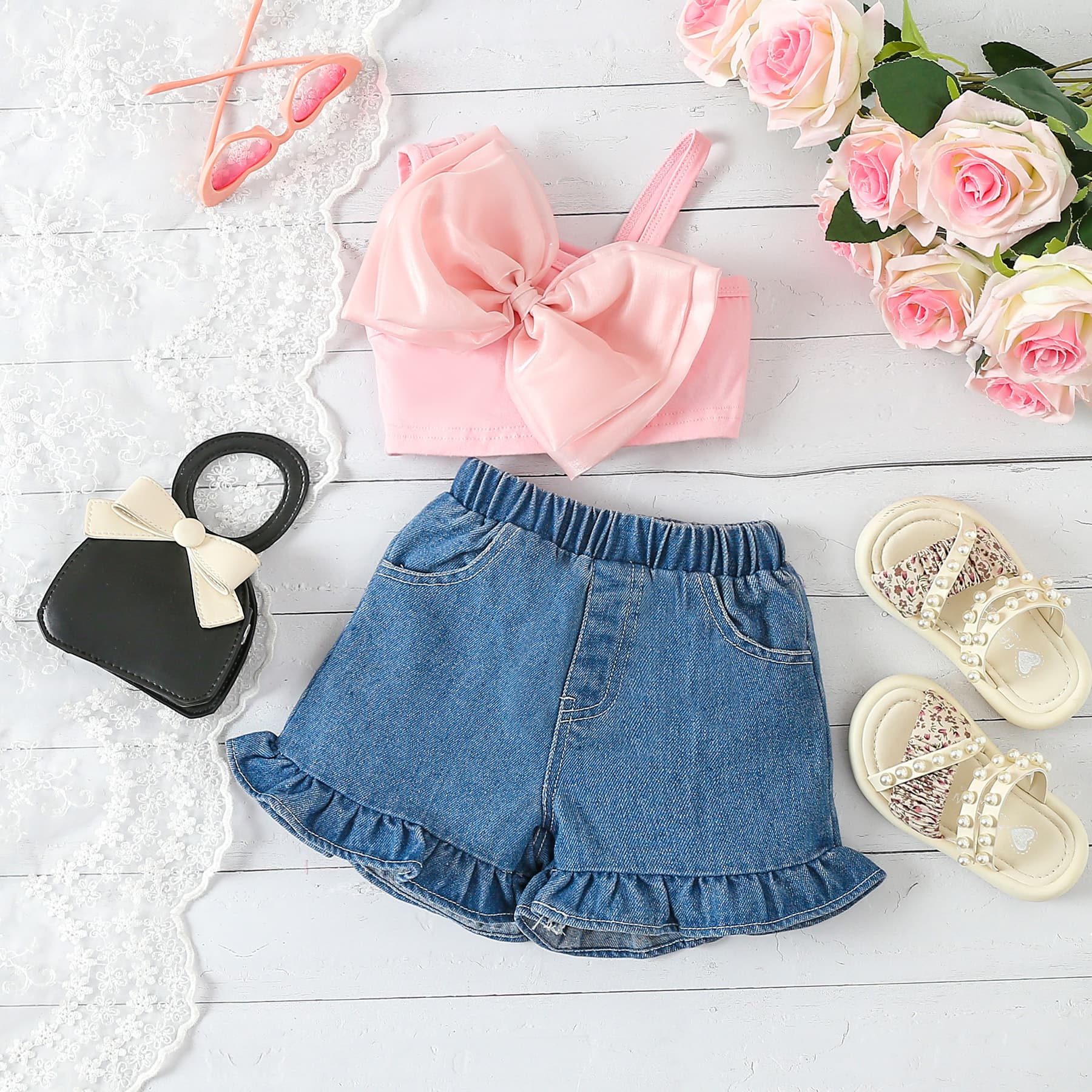 Mother & Kids children's clothing wholesale girls summer new sleeveless bow camisole denim shorts two-piece suit