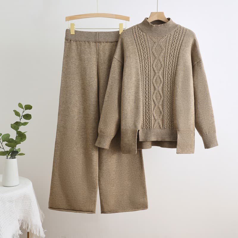Women's Clothing autumn and winter split irregular design pure color knitted cable pattern high collar sweater wide leg pants suit