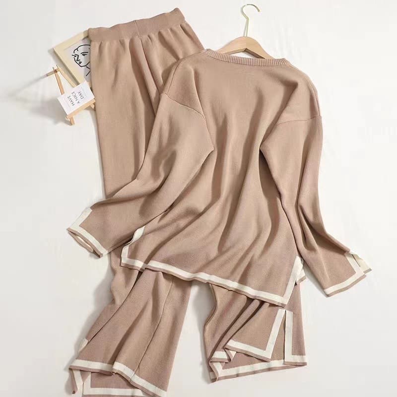Women's casual temperament, contrasting color, slit long-sleeved sweater, high-waisted slimming wide-leg pants, two-piece suit