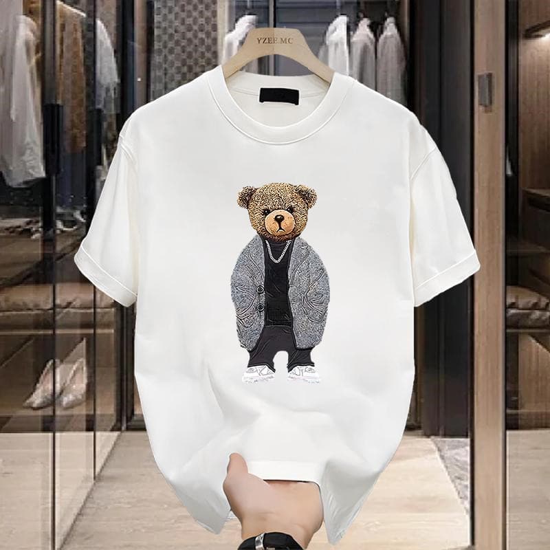 men's clothing High-end heavyweight cotton short-sleeved T-shirt men's ins trendy red panda print versatile light luxury handsome new summer