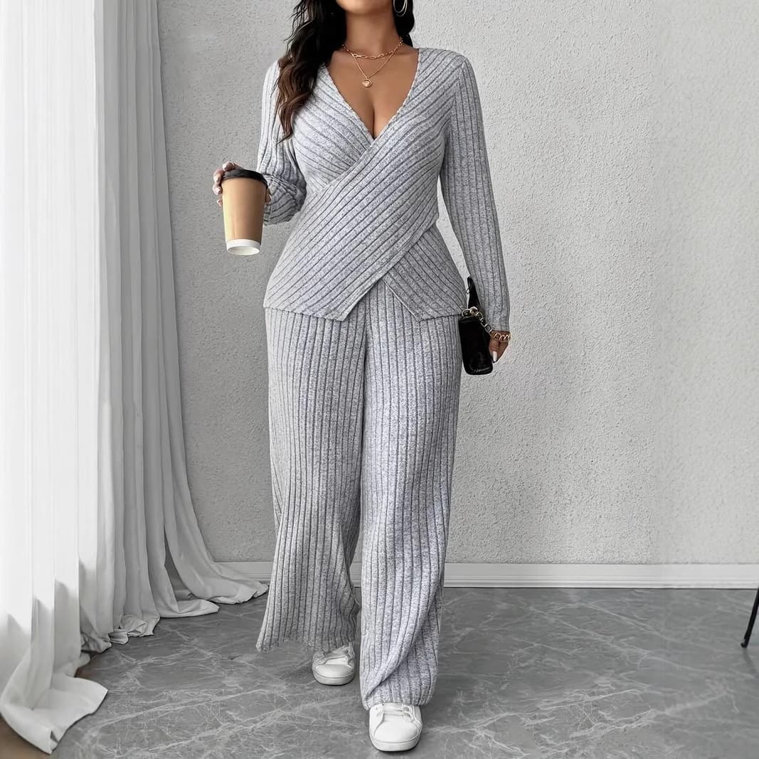 Ribbed V-Neck Knit Set – Long Sleeve Top & Wide Leg Pants (S-XXL) – Effortless Office-to-Weekend Style