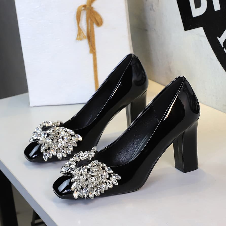 Women's Shoes Chunky Heel High Heels, Versatile Rhinestone Bow Dress/Wedding Dress Shoes, Patent Leather Elegant Square Toe Flats For Women