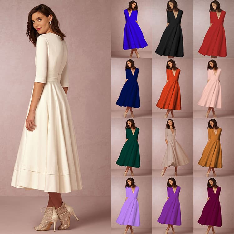 Women sexy deep V mid-sleeve dress mid-length dress