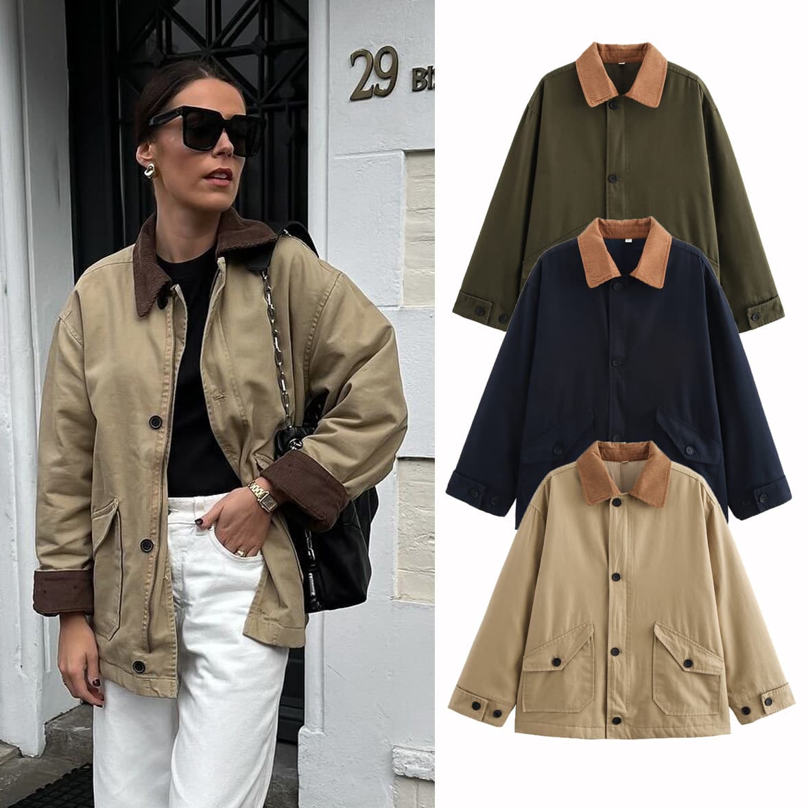 Women's Clothing Fashion Lapel Cotton Jacket Fashionable Stand Collar Quilted Jacket – Autumn/Winter Casual Outerwear In Khaki, Navy & Olive Green