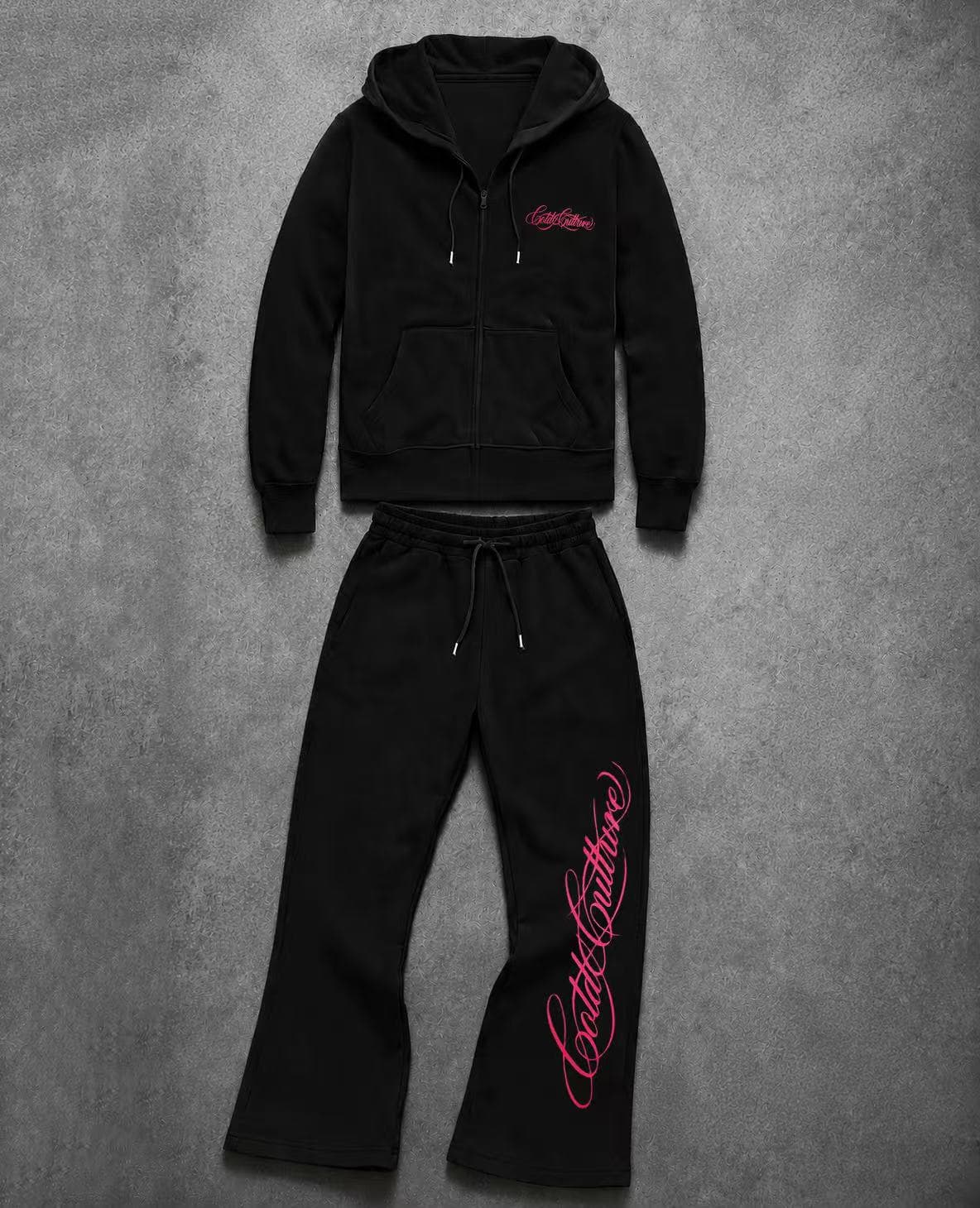 Ensemble deux pièces pour homme : sweat-shirt à capuche zippé imprimé tendance et pantalon large décontracté.