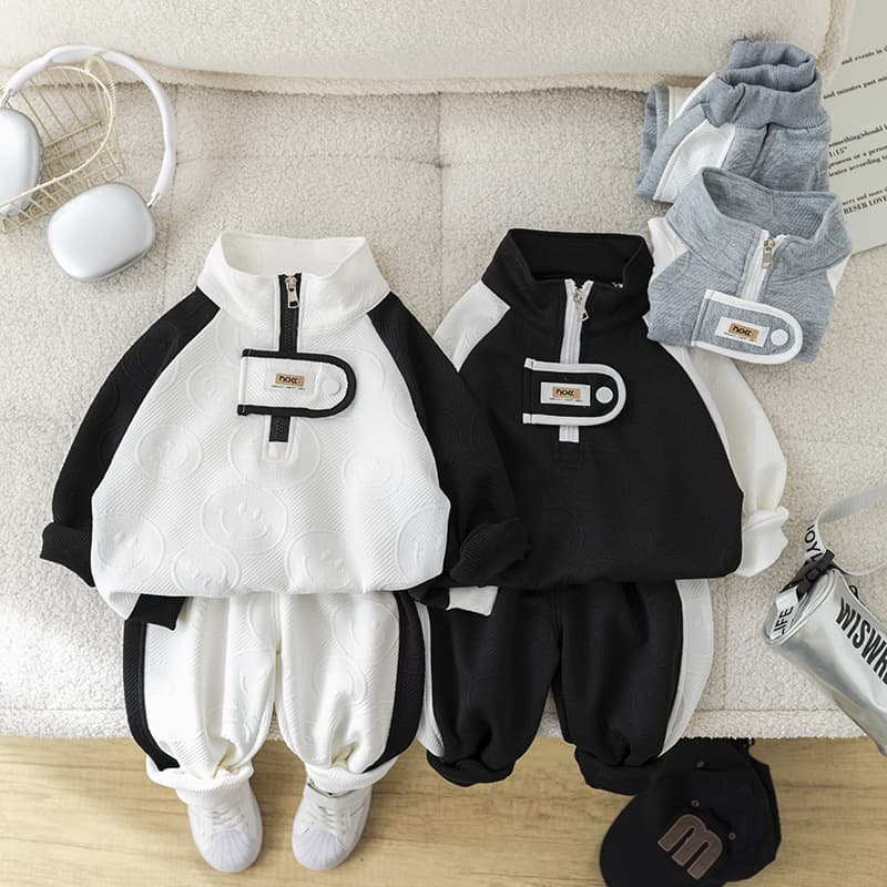 Korean-Style Boys' 2-Piece Suit – Long Sleeve Casual Outfit For Spring & Autumn (White/Black/Gray, Height 80-130cm)