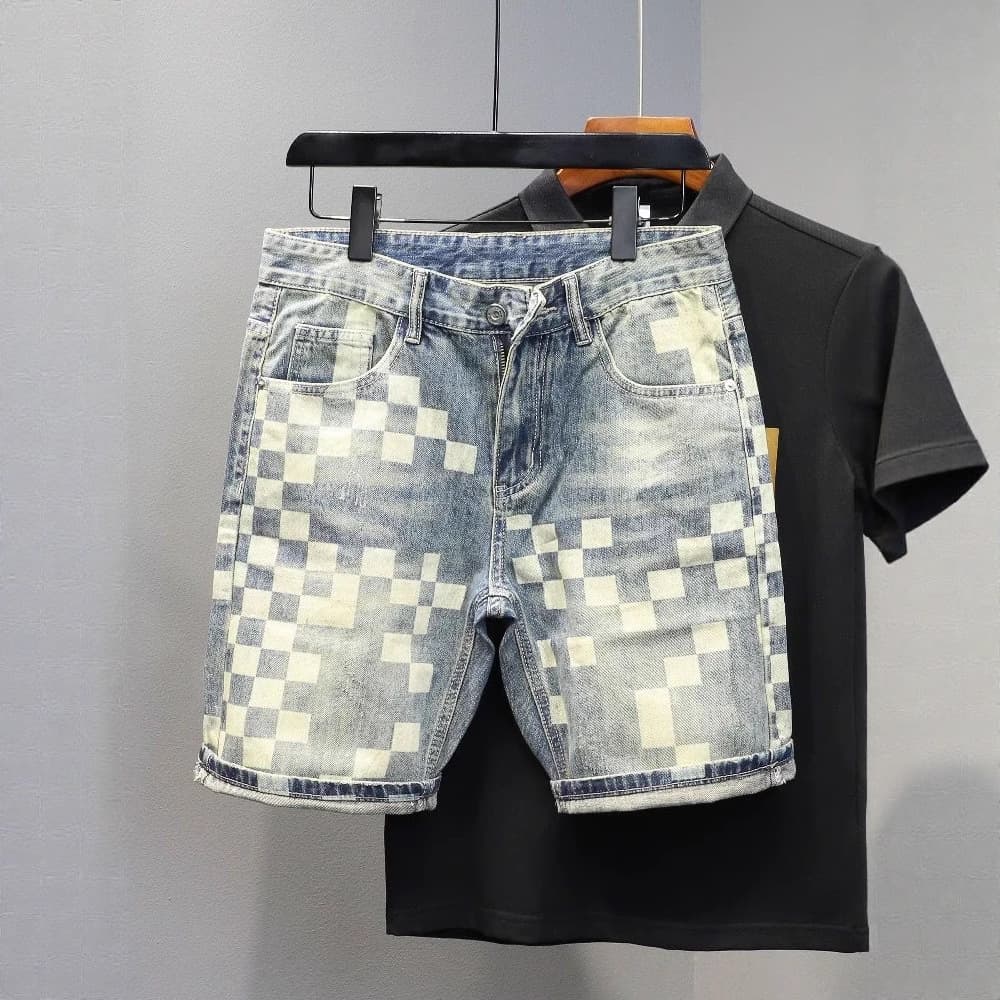 ​​Men's Summer Denim Shorts - Trendy Plaid Patchwork Design, Loose Straight Fit, Casual 5-Inch Shorts For Streetwear & Daily Wear (Sizes 28-36)​​