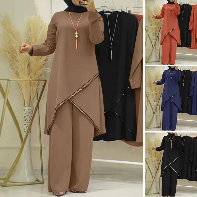 Women's Muslim two-piece long-sleeved O-neck long-sleeved shirt wide-leg pants suit casual solid women's suit