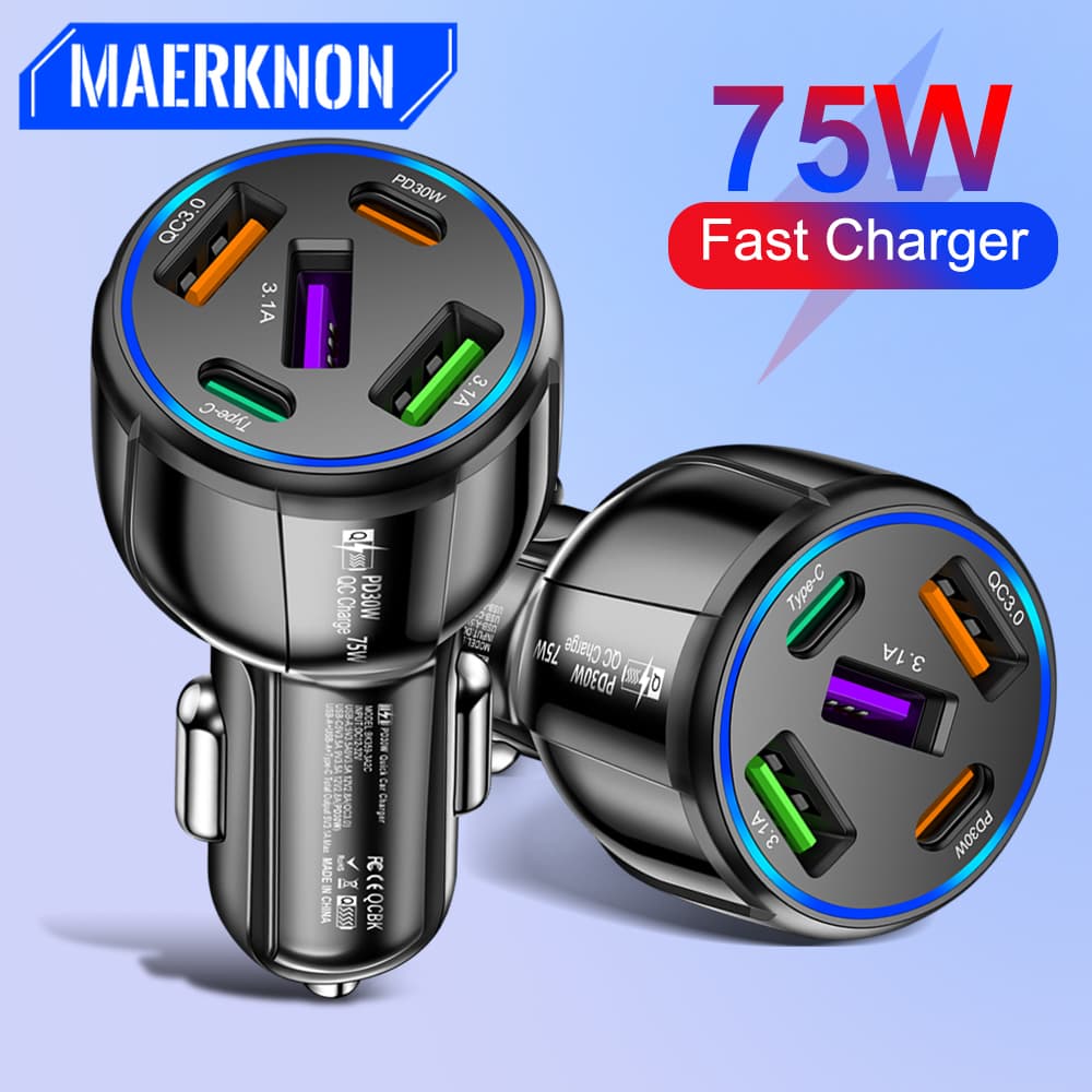 PD 75W 5-port USB car charger fast charging car C-type phone adapter suitable for iPhone 14, 13, 12 Xiaomi, Huawei,