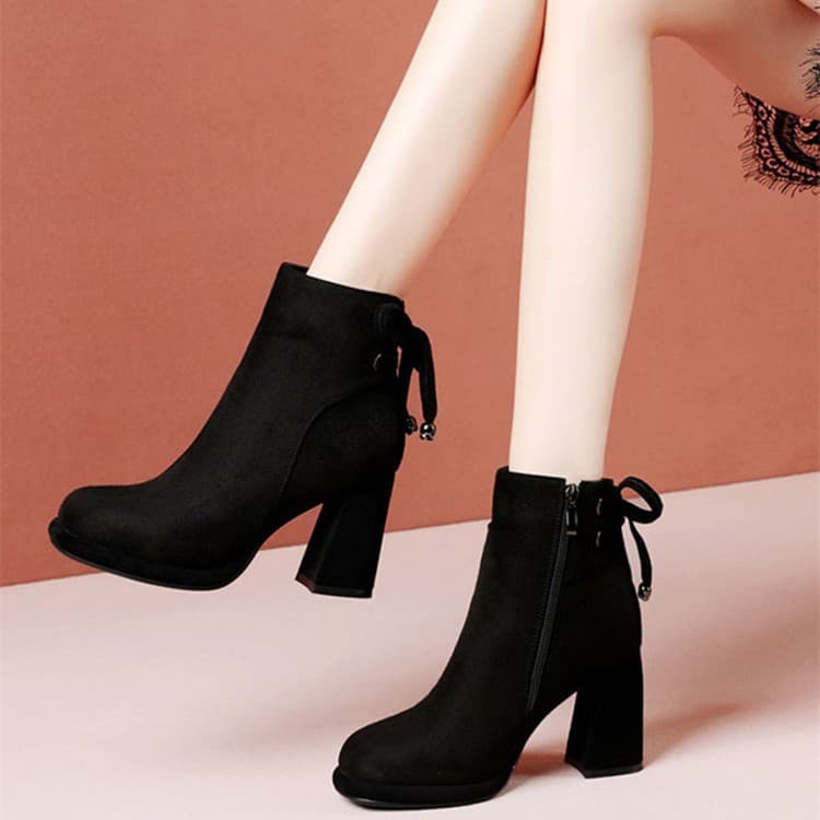Autumn Winter New Women's Thick High Heel Short 2025 Fleece Lined European American Lace-up British Style Martin Boots